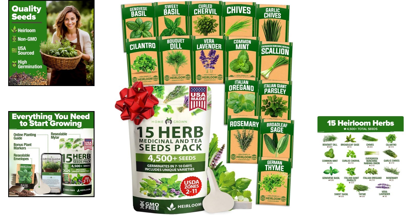 15 Herb Seeds Variety Pack – Non-GMO, Heirloom, Kitchen & Indoor Gardens