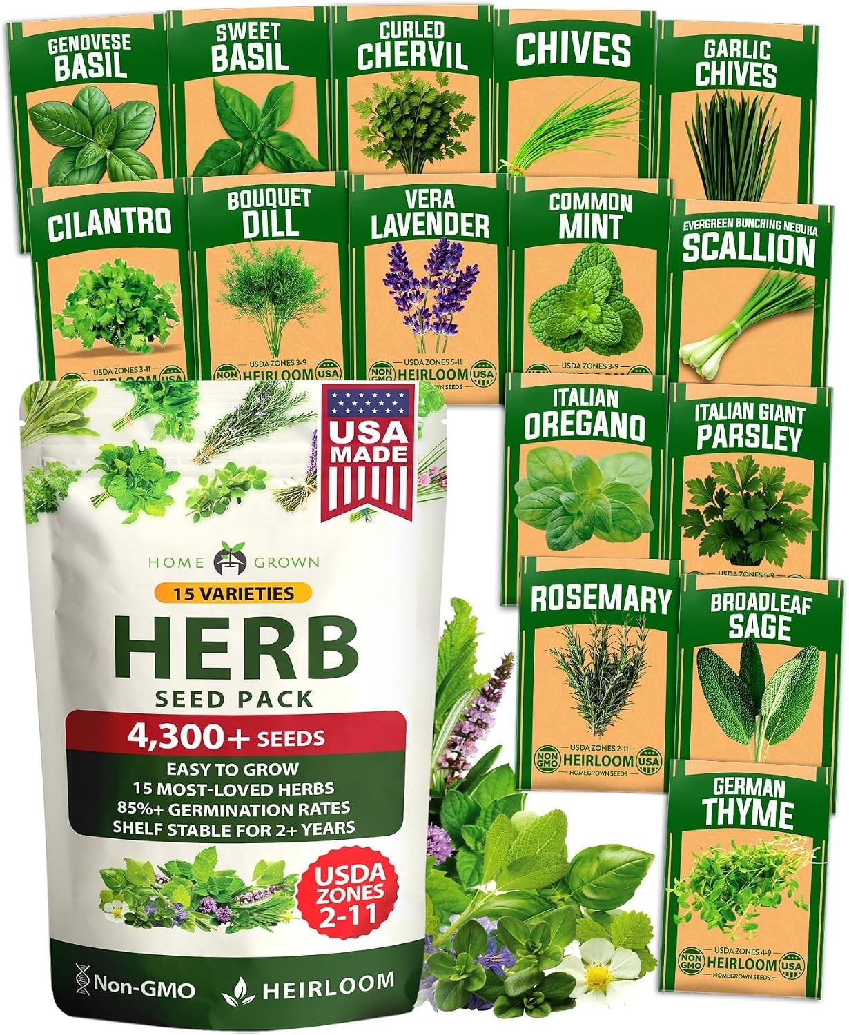 HOME GROWN Herb Seeds for Planting 15-Pack Massive Seed Count 4,300+ Seeds Non-G