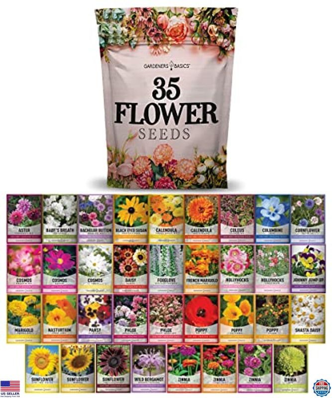 Gardeners Basics, Flower Seeds Packets for Planting 35 Individual Varieties