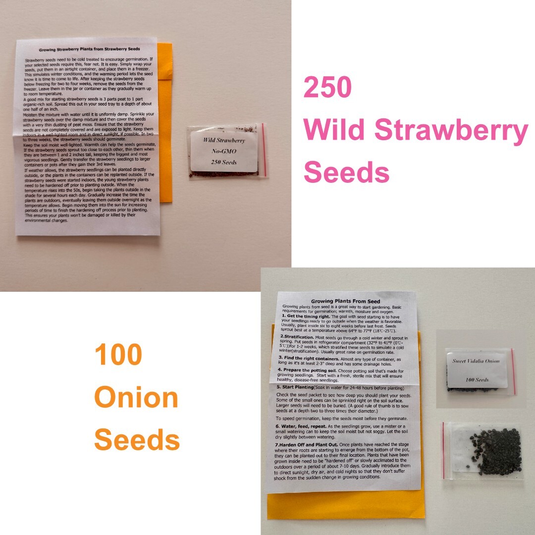 250 Wild Strawberry Seeds + 100 Sweet Vidalia Onion Seeds