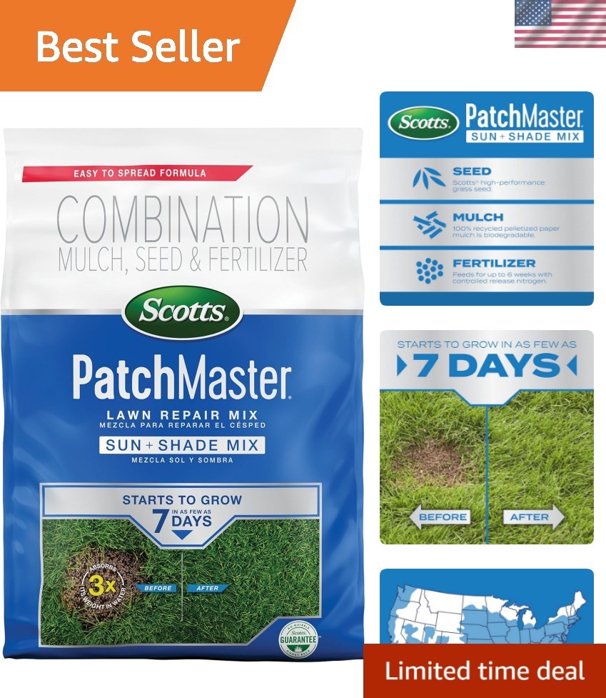 PatchMaster Lawn Repair Mix Sun + Shade – 4.75 lb Covers 140 sq. ft. Fast Growth