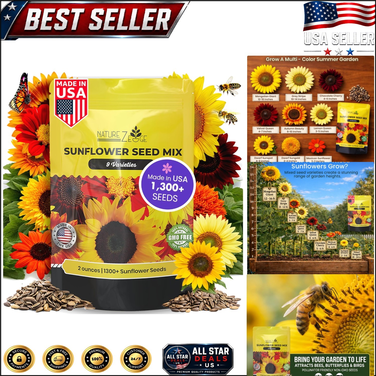 Bulk Sunflower Seeds – 1300 Count: Mammoth, Dwarf, and Lemon Queen Varieties