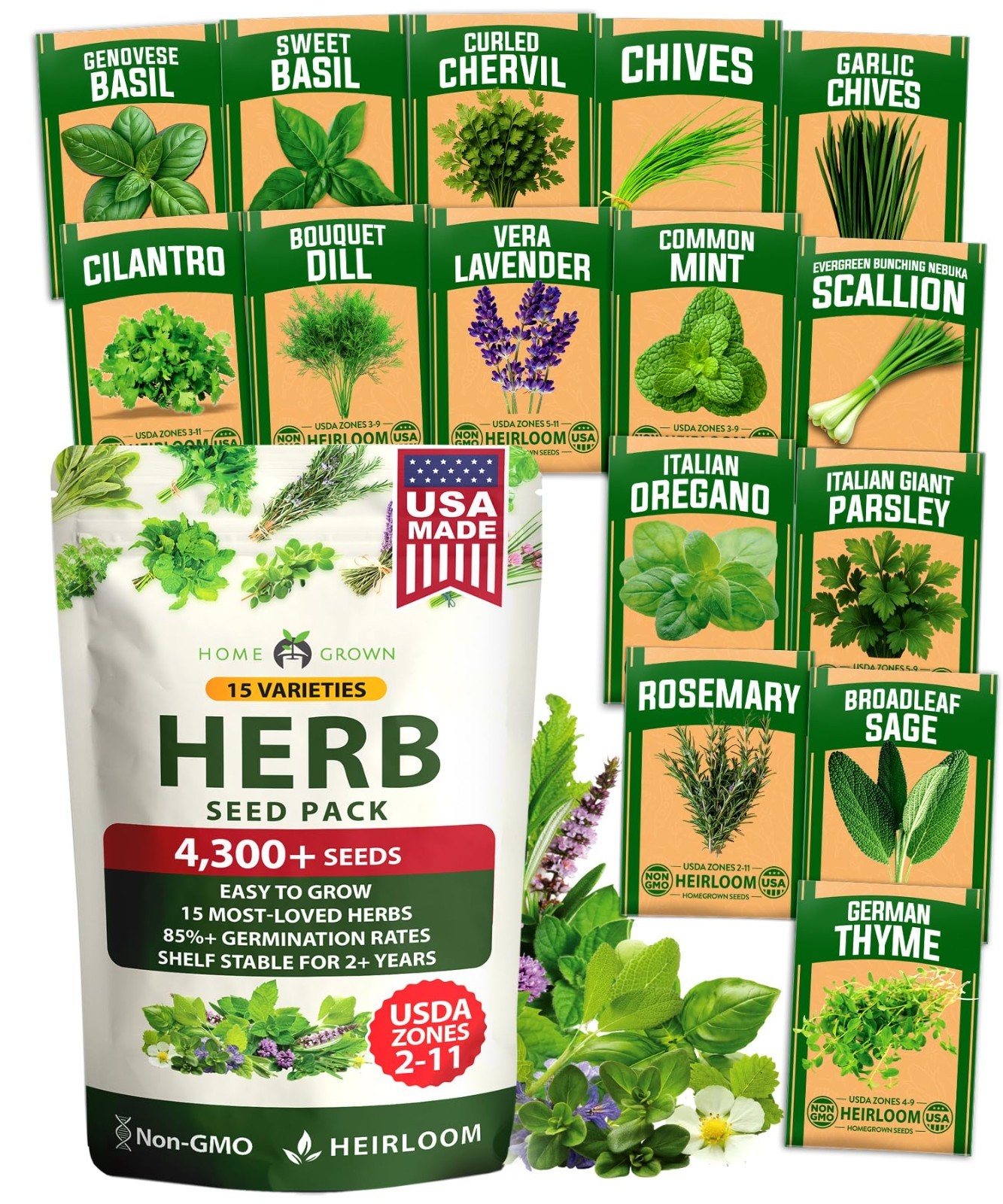 15-Pack Herb Seeds for Planting – 4,300+ Non-GMO Heirloom Seeds | Culinary Kit f