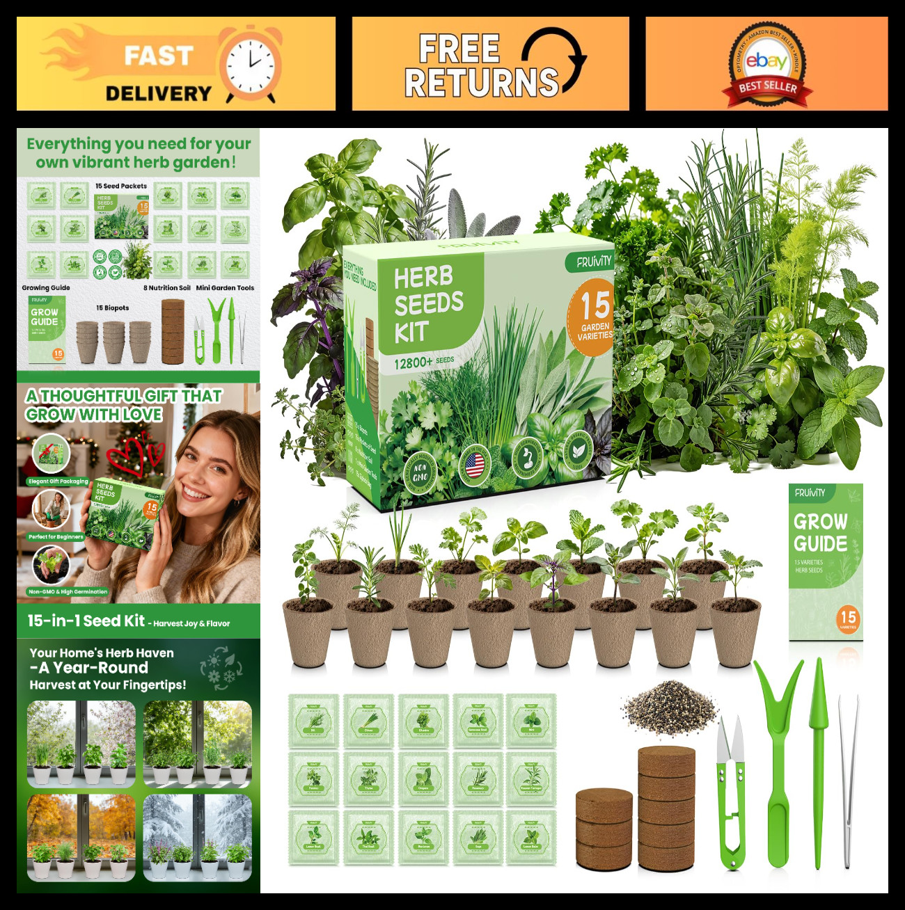 Herb Garden Starter Kit – 15 in 1 Heirloom Seeds for Indoor/Outdoor Planting, Co