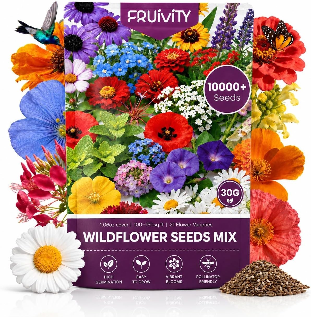 Wildflower Seeds Bulk 10000+, 1.06oz 21 Variety Perennial Mix, Multicolor
