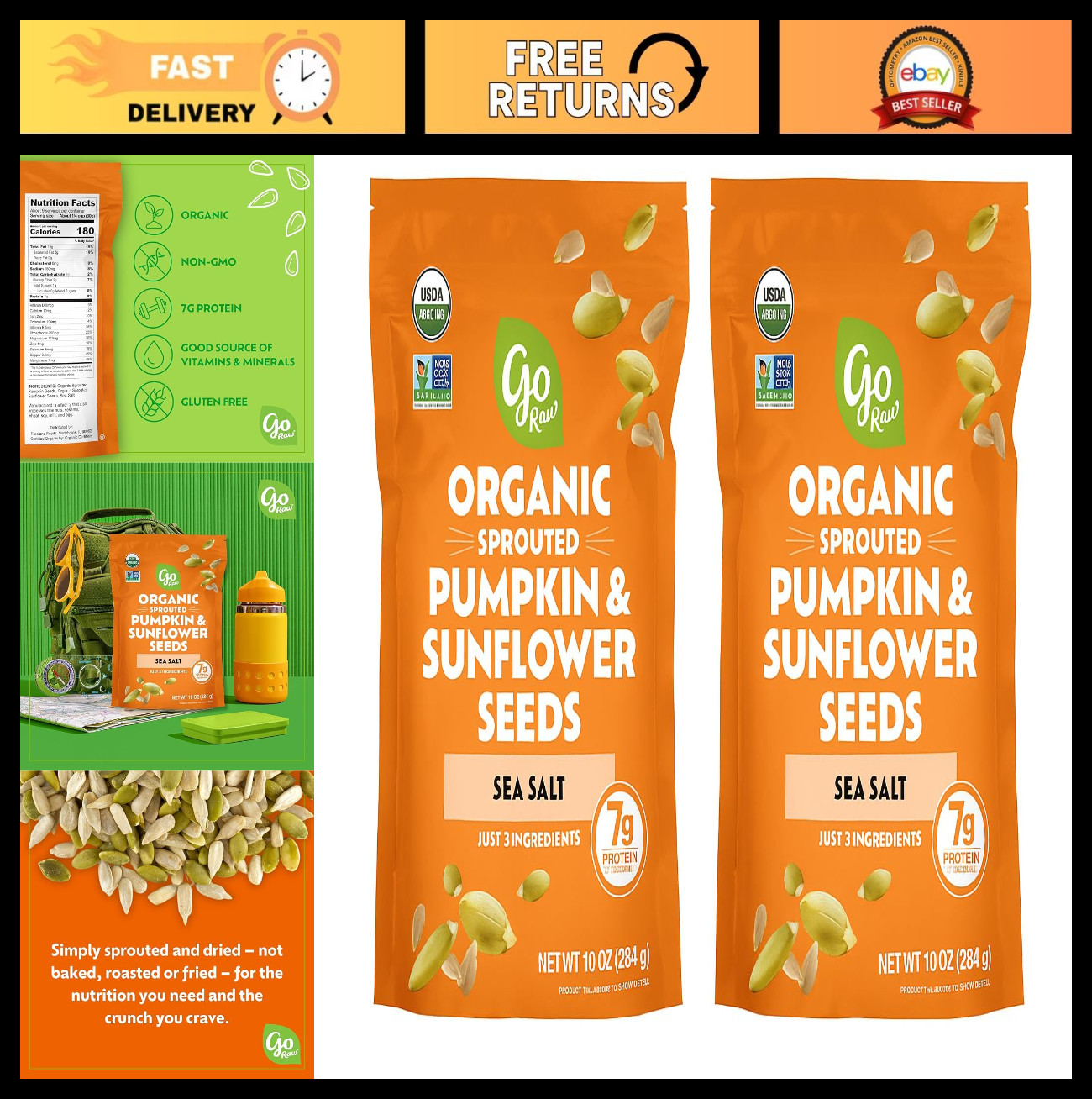 2 Pack Organic Sprouted Pumpkin & Sunflower Seeds 22 oz, Sea Salted, Keto Snack,