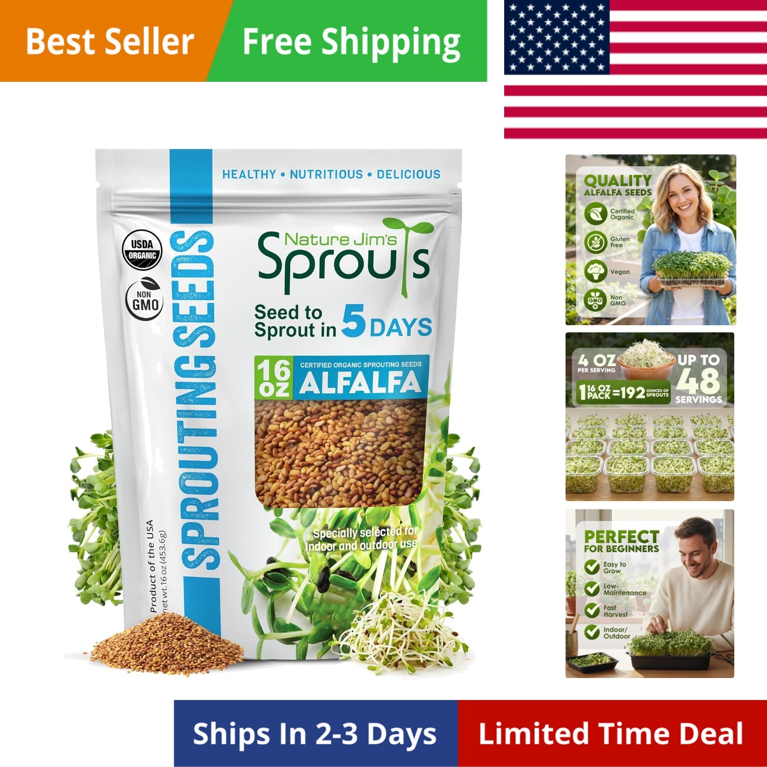 Alfalfa Seeds – Non-GMO Organic Sprout for Growing & Planting – Resealable B…