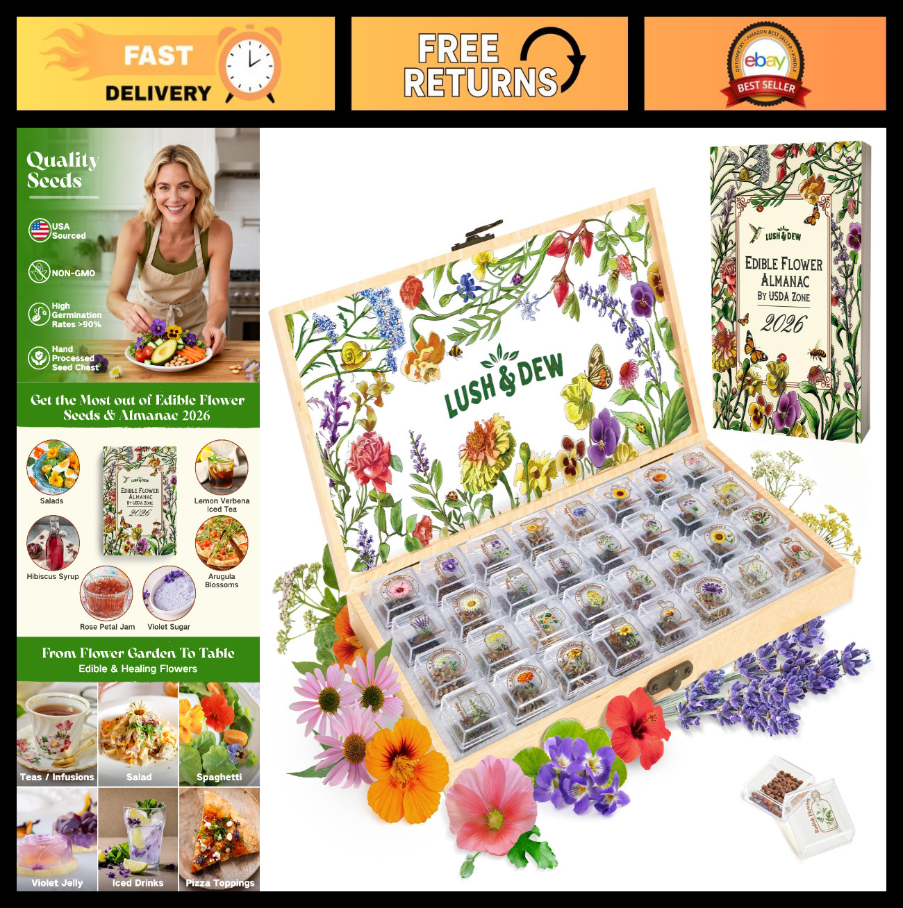 Edible Flower Seed Bank – 32 Types, 30,000+ Non-GMO Heirloom Seeds, Gardening Gi