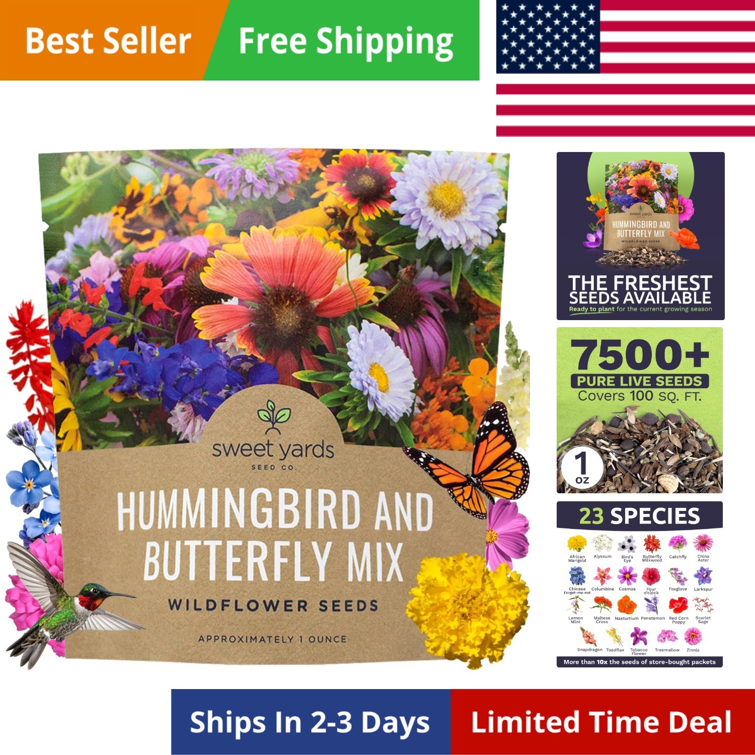 Wildflower Seeds Butterfly and Humming Bird Mix – Large 1 Ounce Packet 7,500+…