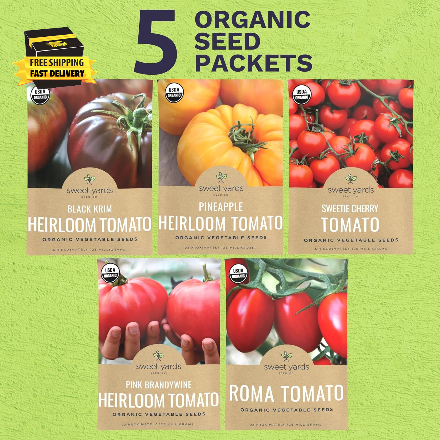 Organic Tomato Seeds Variety Pack – 5 Individual Packs – 2026 Season – Roma, Pin