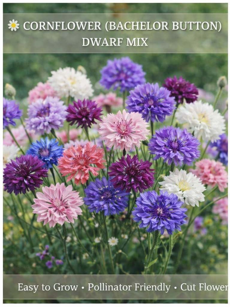 Dwarf Cornflower Seeds (Bachelor Buttons) Mix –Heirloom Non-GMO– Easy Cut Flower