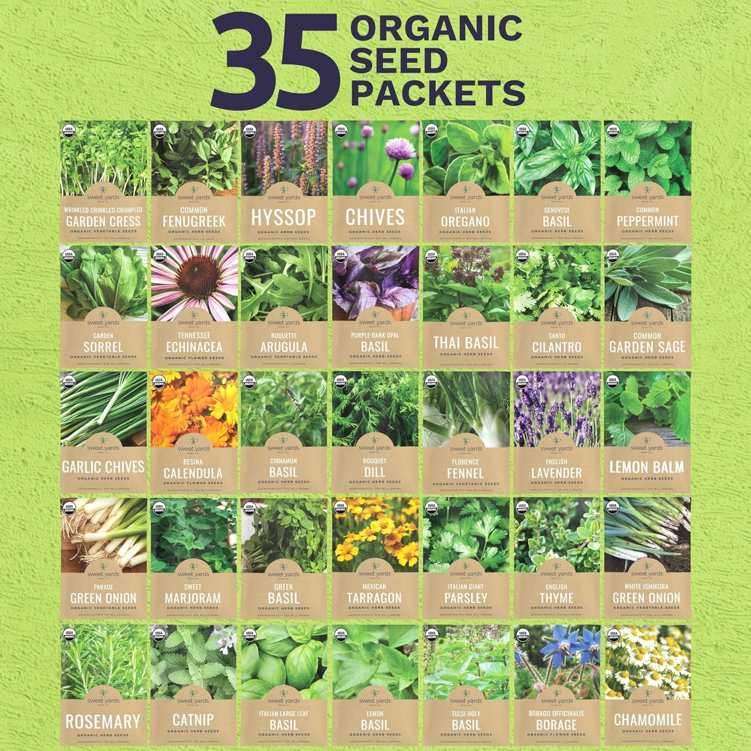 Organic Herb Seeds Variety Pack – 35 Individual Packs – 2026 Season – Basil, Cil