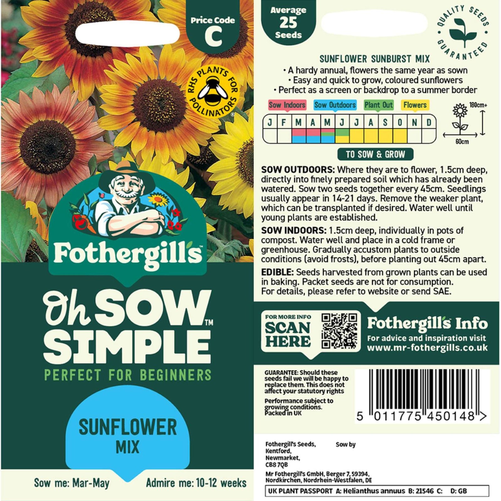 Mr. Fothergill’s Sunflower Mix Seed Oh Sow Simple, Easy to Grow