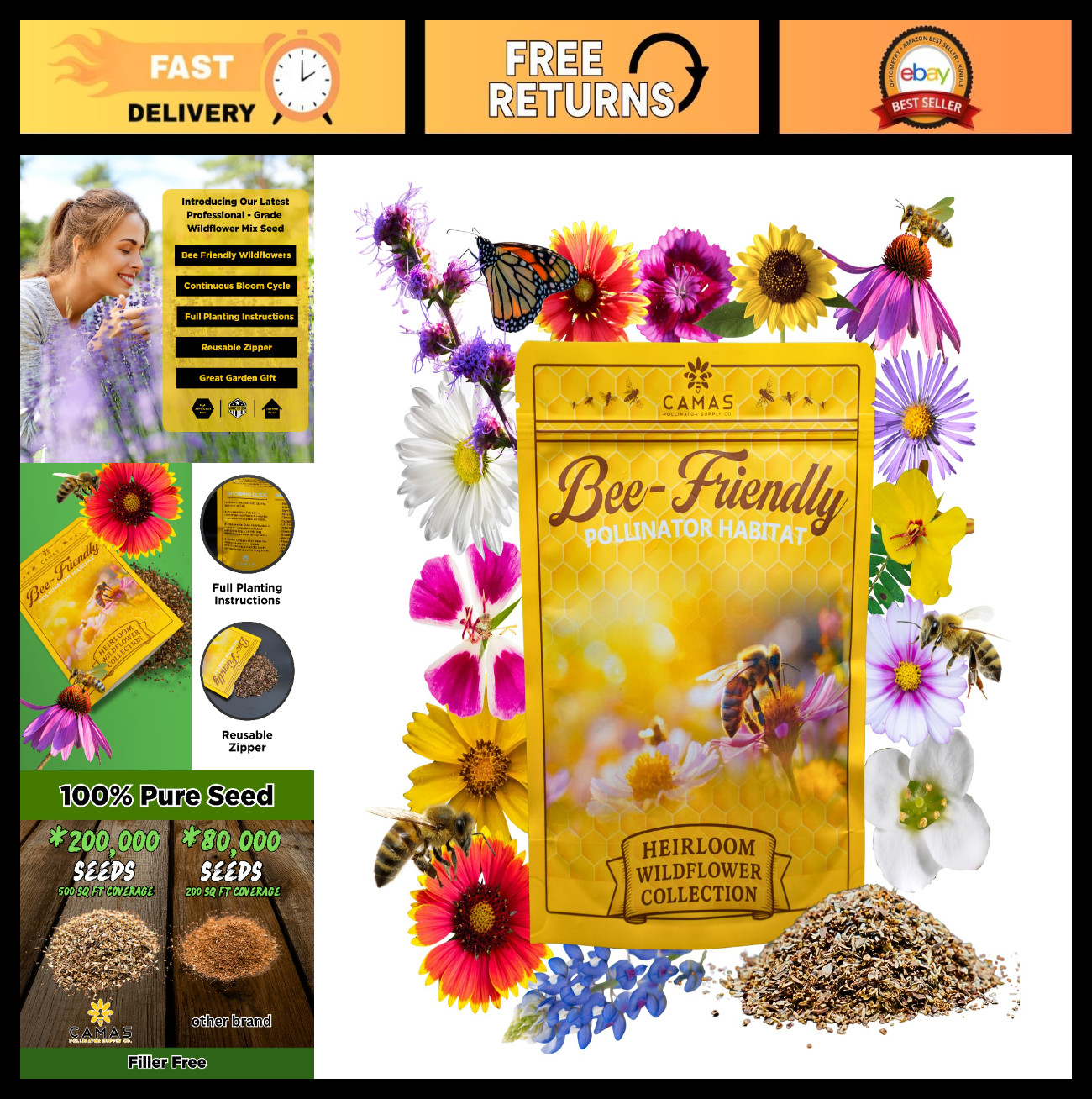 Wildflower Seeds Bulk 1/4 lb – Perennial & Annual Mix for Bees & Pollinators, Pu