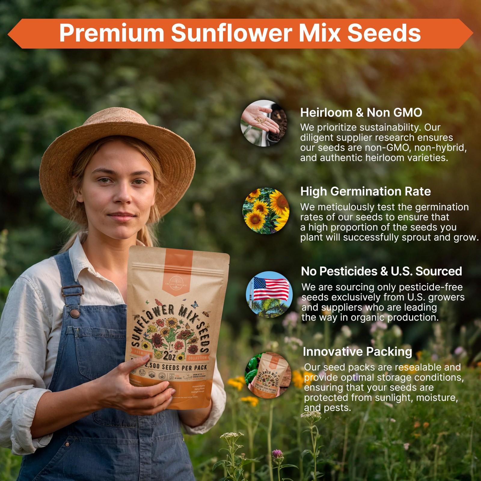 NonGMO Heirloom Sunflower Seeds for Planting Home Garden 2 oz Bag