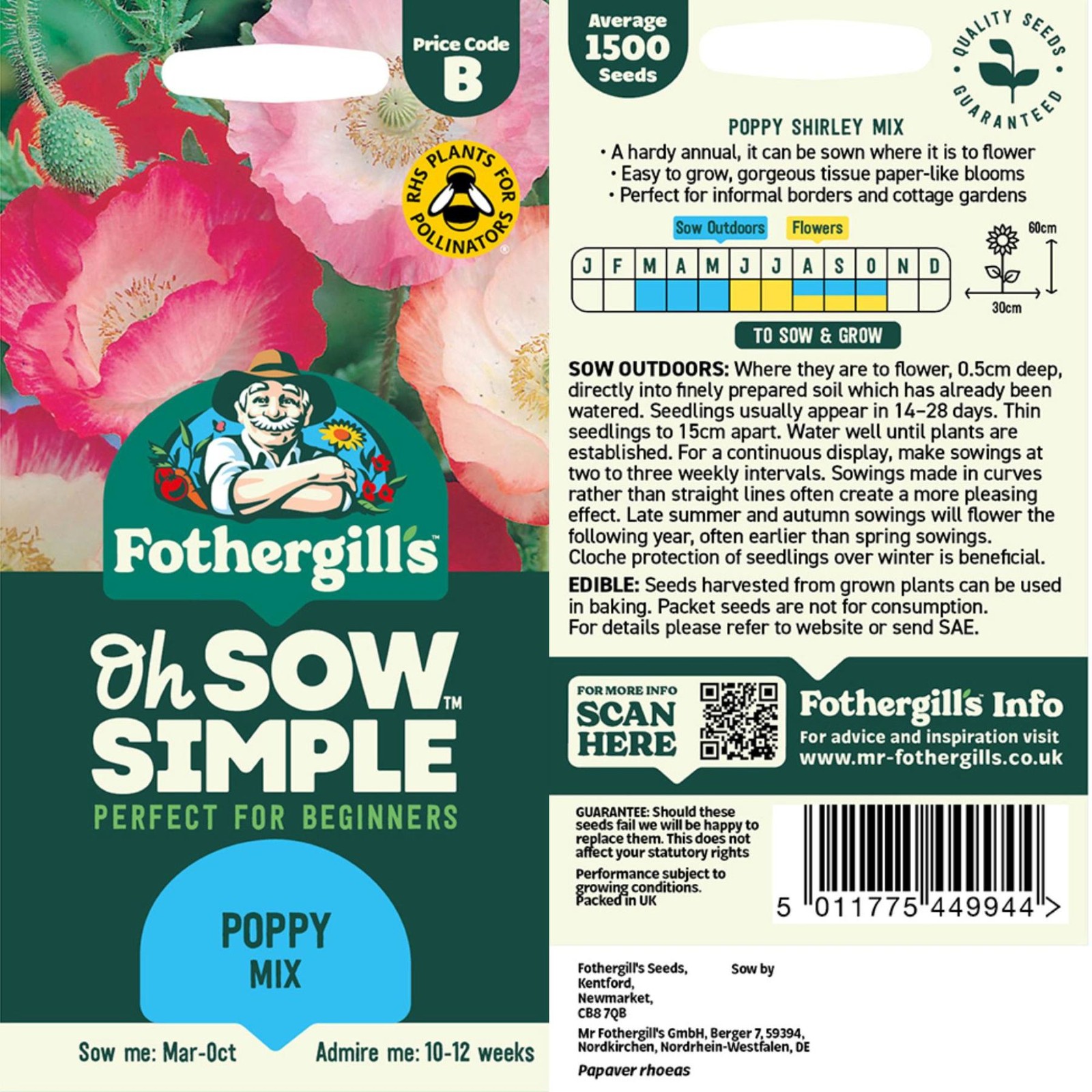 Mr. Fothergill’s Poppy Mix Seed Oh Sow Simple, Easy to Grow