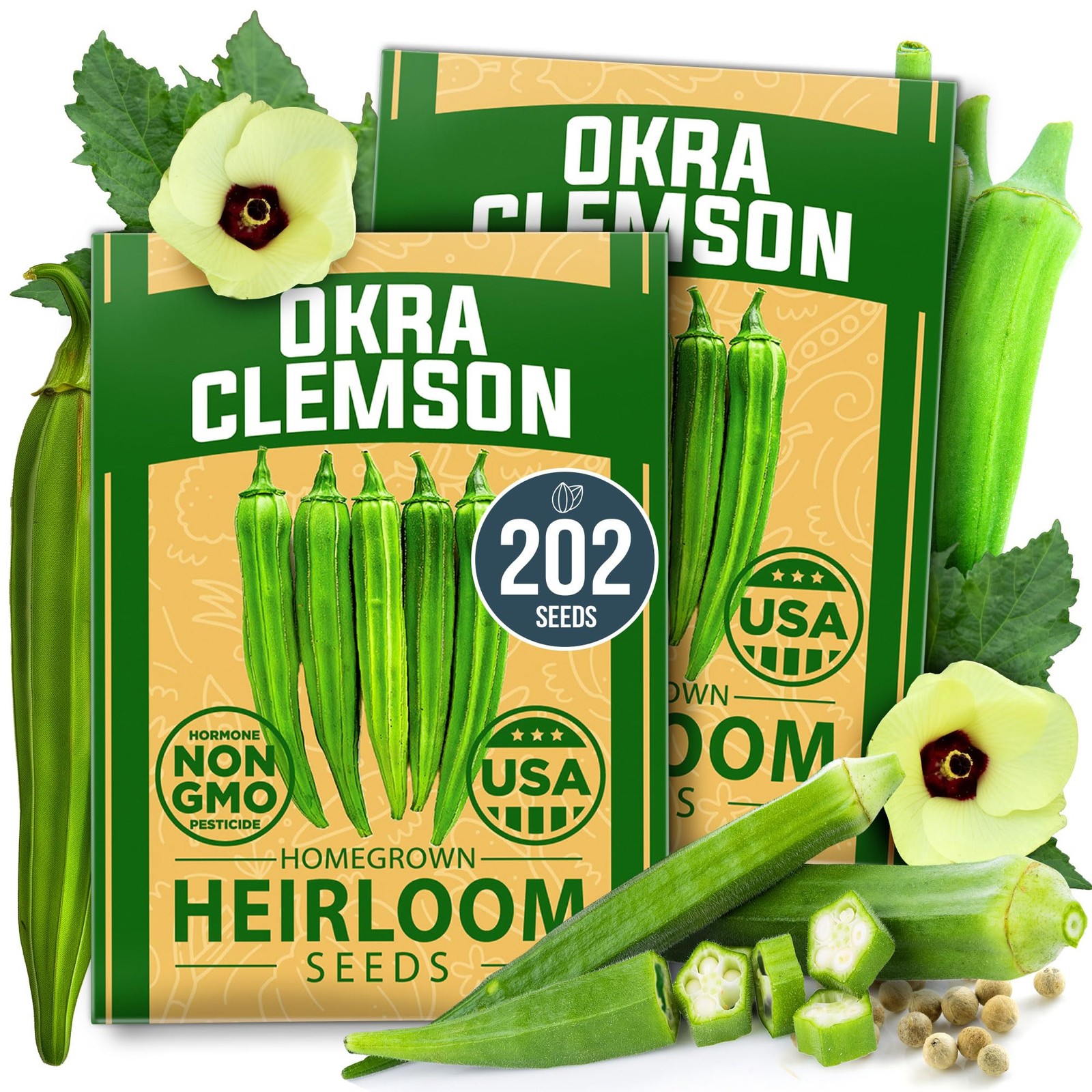 Clemson Spineless Okra Seeds 202+ Heirloom NonGMO Seeds for Planting, High Ge…