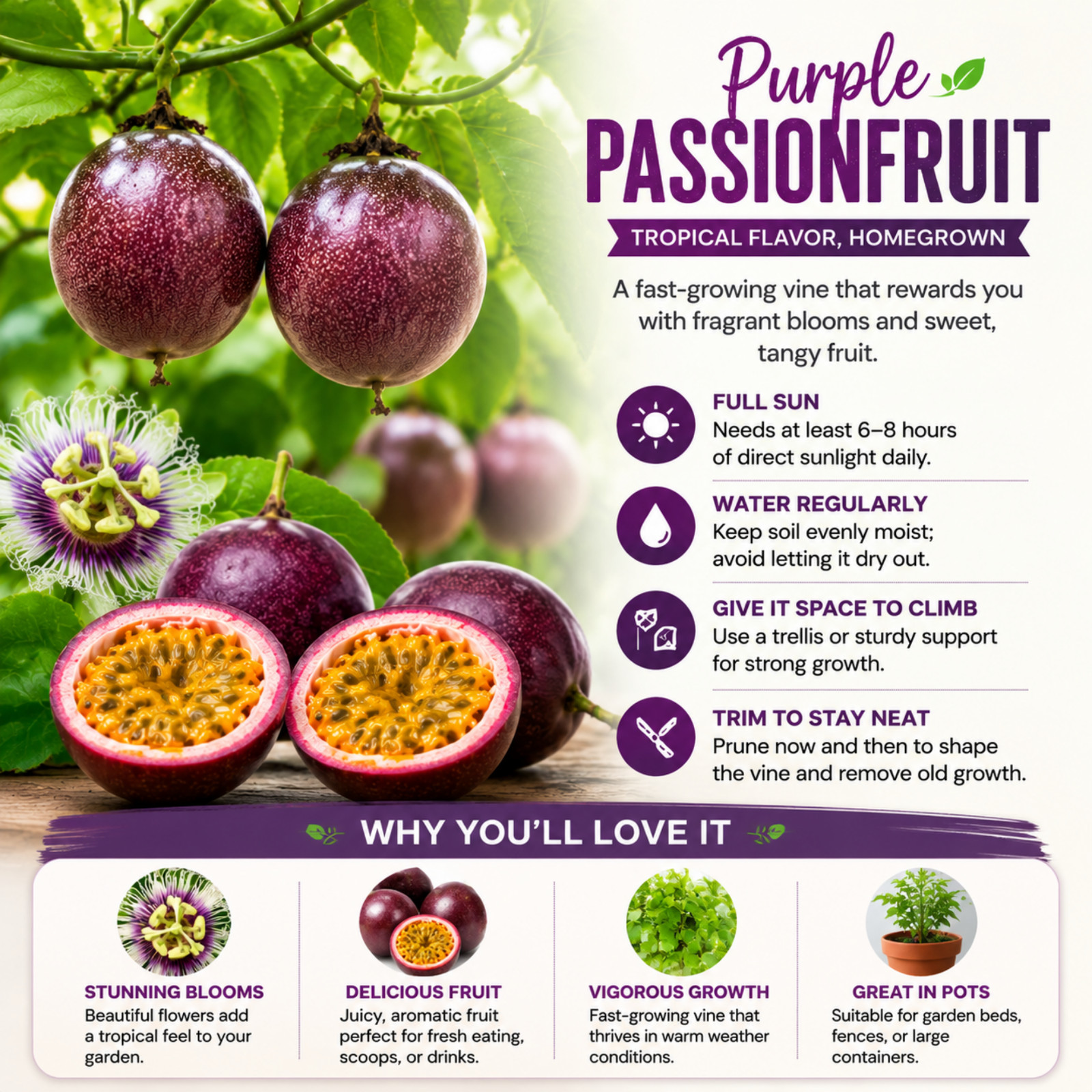 Purple Passionfruit Live Plant 4-6 Inches Tall Rooted Fruiting Vine