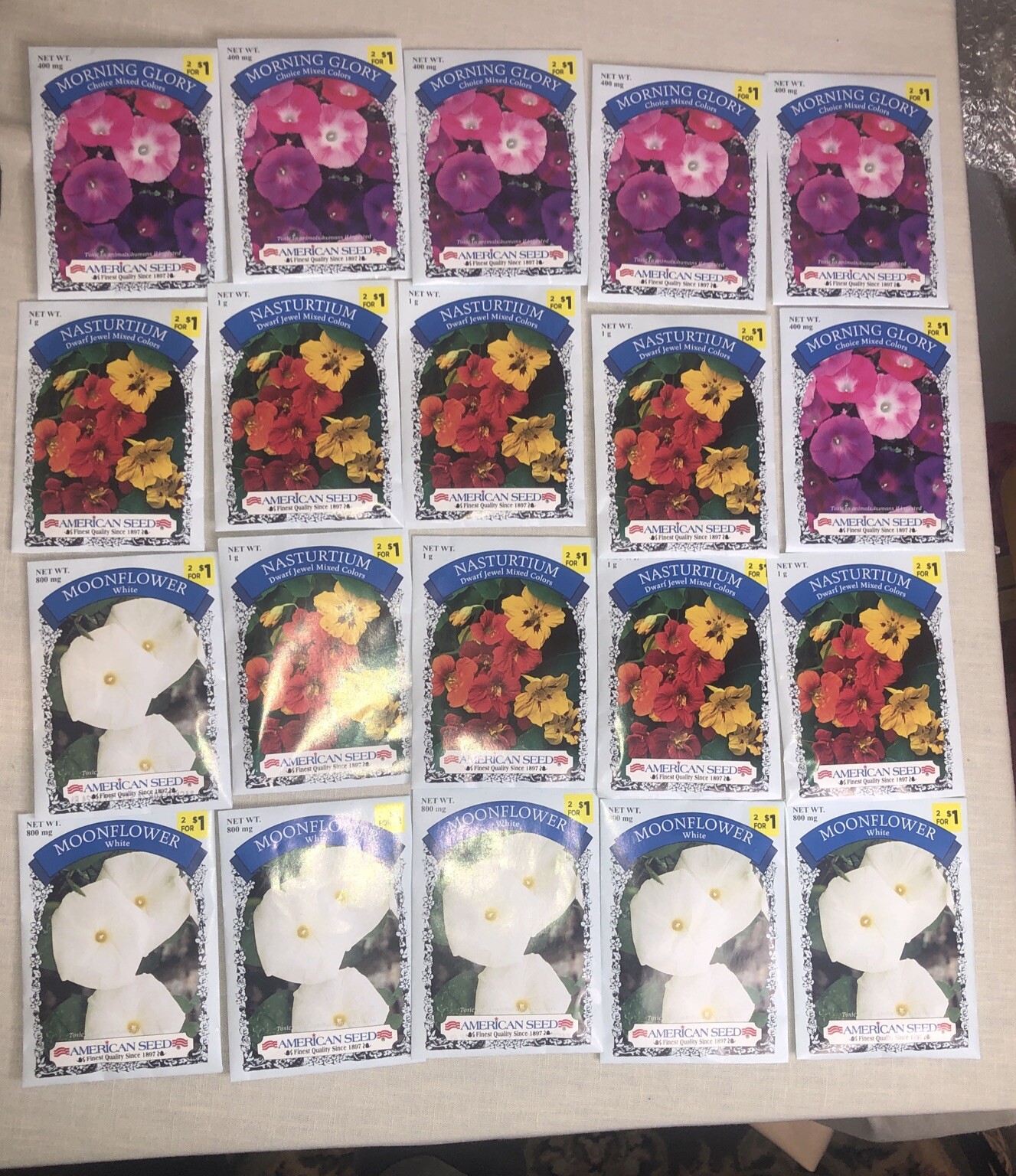 20 Packs Of Flower Seeds- 6 Moonflower, 8 Nasturtium, 6 Morning Glory-2024 seed
