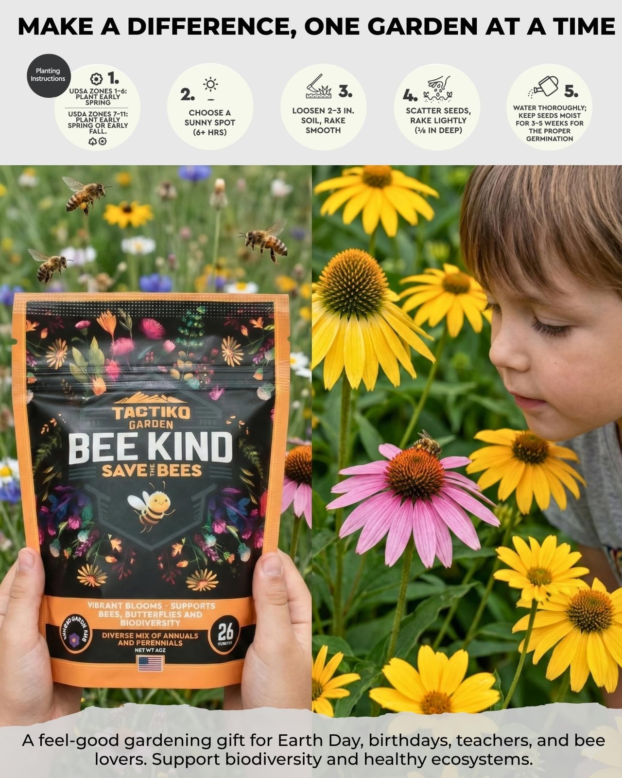 Best Tactiko Garden 26 Wildflower Seeds Mix 120,000+ 4 oz Save the Bees Seeds