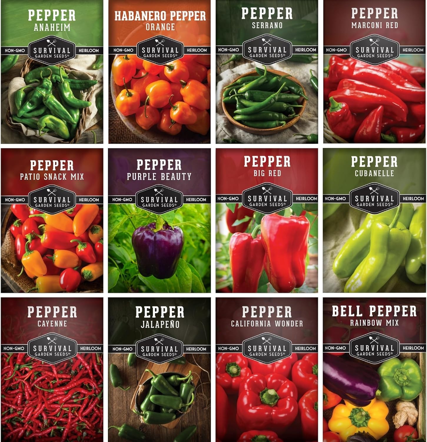 Pepper Seeds for Planting – 12 Variety Pack | Jalapeño, Serrano, Cayenne, Bell,