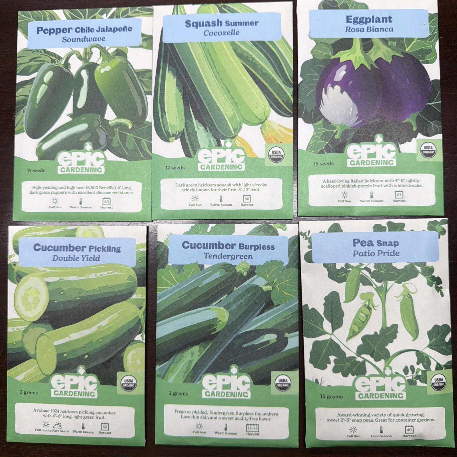 6 Packs Epic Gardening (Botanical Interests) Veggie Vegetable Seeds ORGANIC