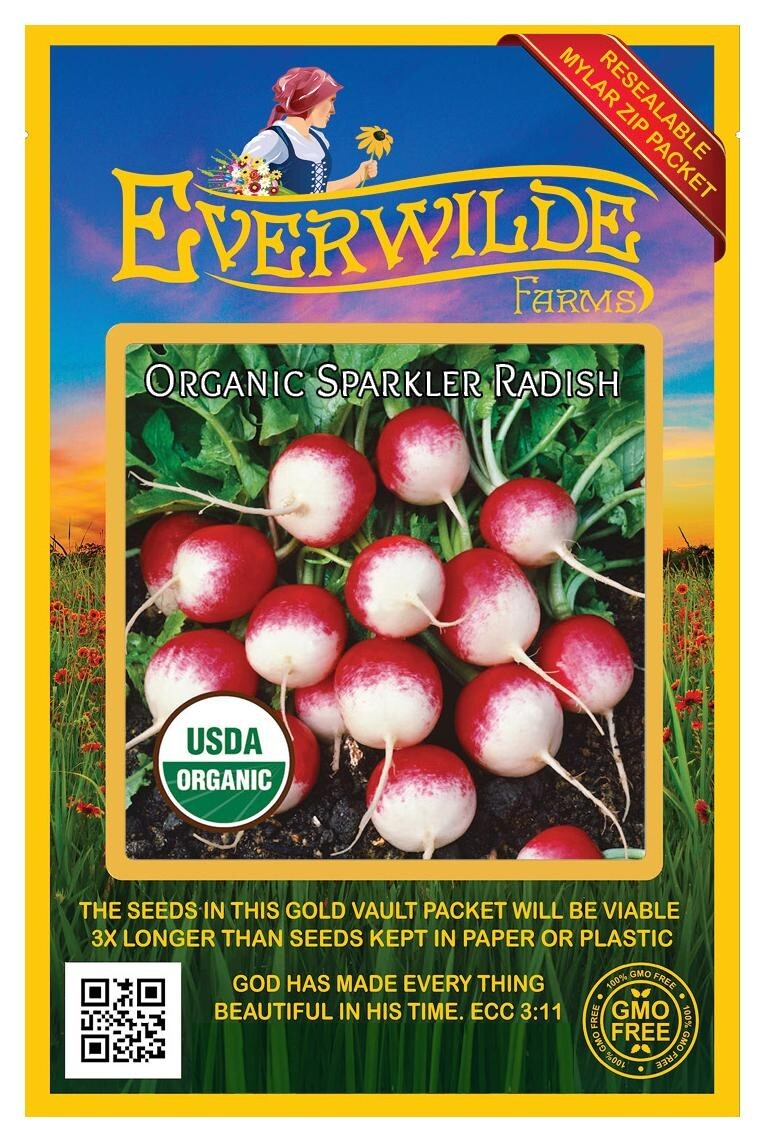 250 Organic Sparkler Radish Seeds – Everwilde Farms Mylar Seed Packet