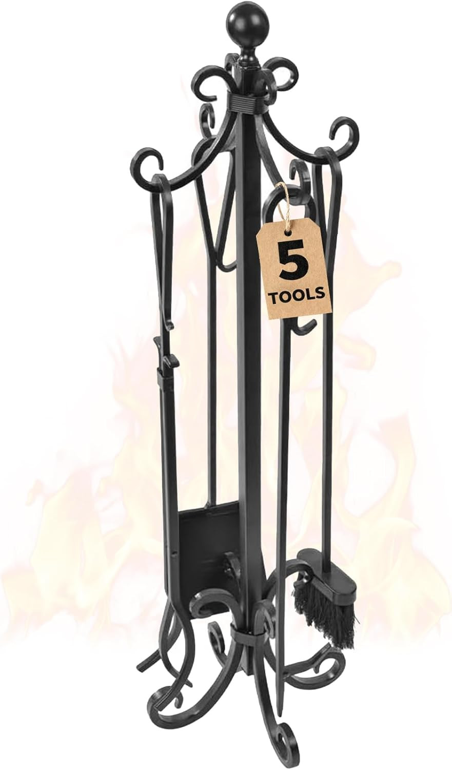 Heavy Duty 5-Piece Black Cast Iron Fireplace Tool Set with Log Holder