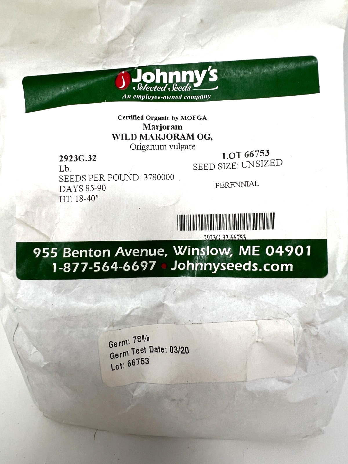 Johnny’s Seeds Organic Wild Marjoram Seed 1 LB Herb Garden Edible Flower Non-GMO