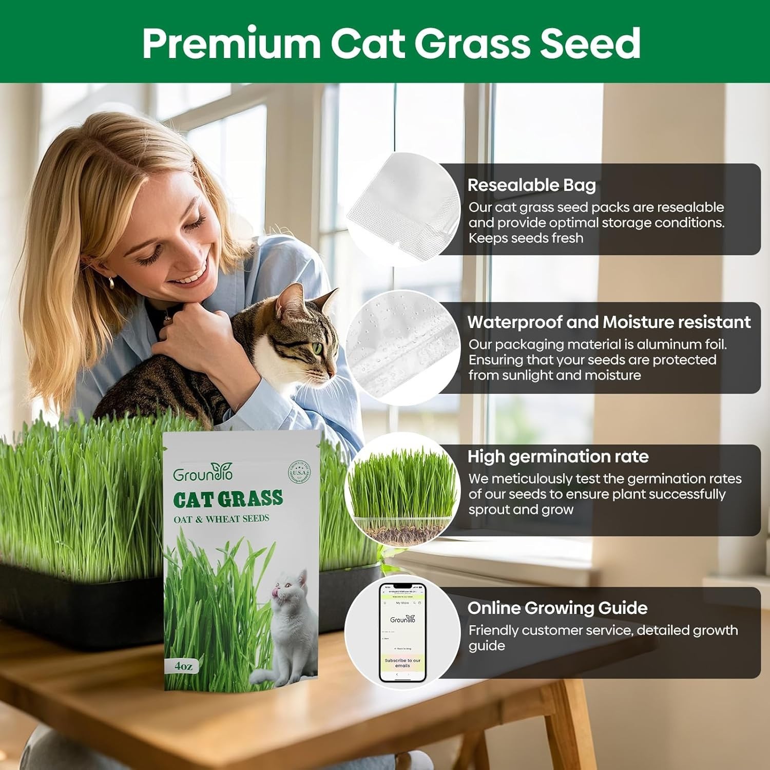 Non-GMO Cat Grass Seeds, 4 Oz Mix for Healthy Indoor & Outdoor Cats