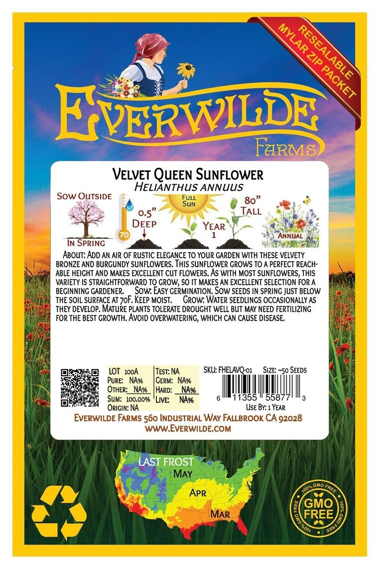 50 Velvet Queen Sunflower Wildflower Seeds – Everwilde Farms Mylar Seed Packet