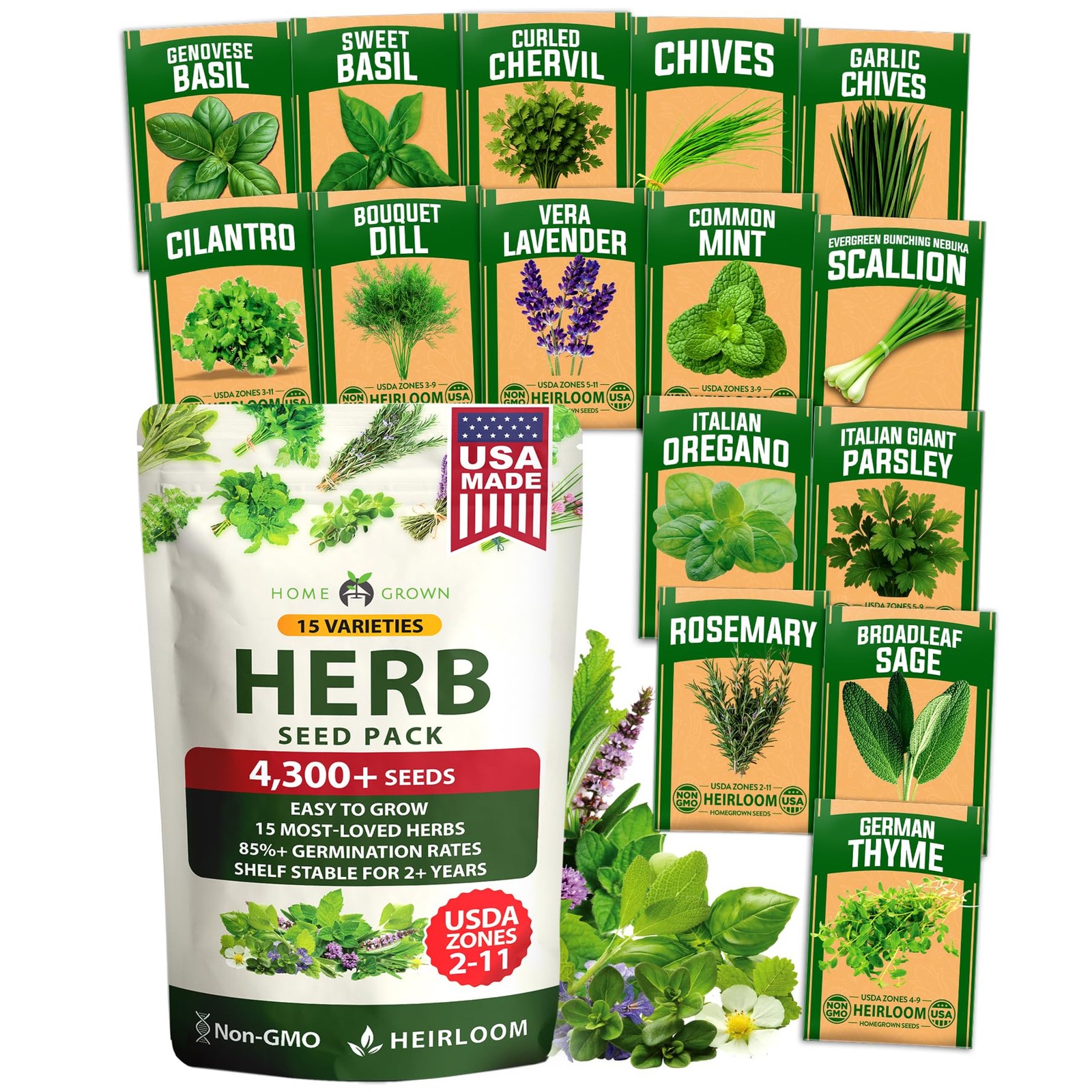 HOME GROWN Herb Seeds for Planting 15-Pack Massive Seed Count 4,300+ Seeds Non-G