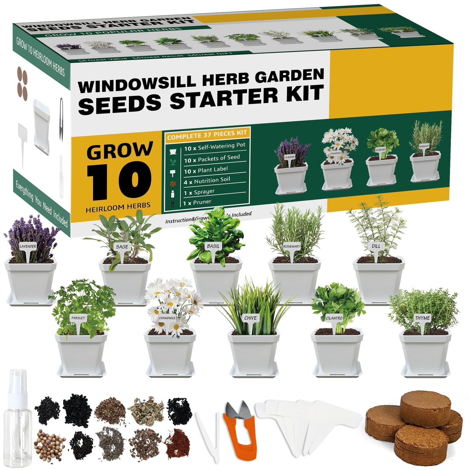 Meekear 10 Herb Seeds Garden Starter Grow Kit with White Pots, Markers, Nutri…