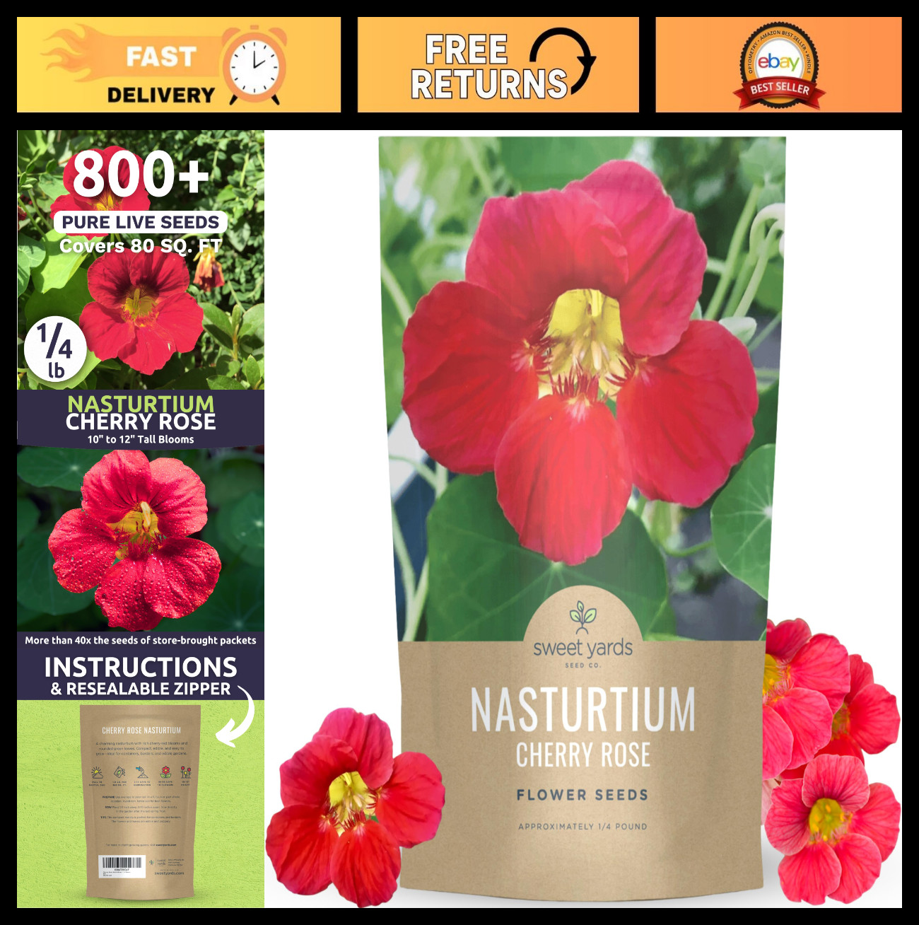 Nasturtium Cherry Rose Seeds – 800 Count, 4oz Packet for Vibrant Garden Blooms