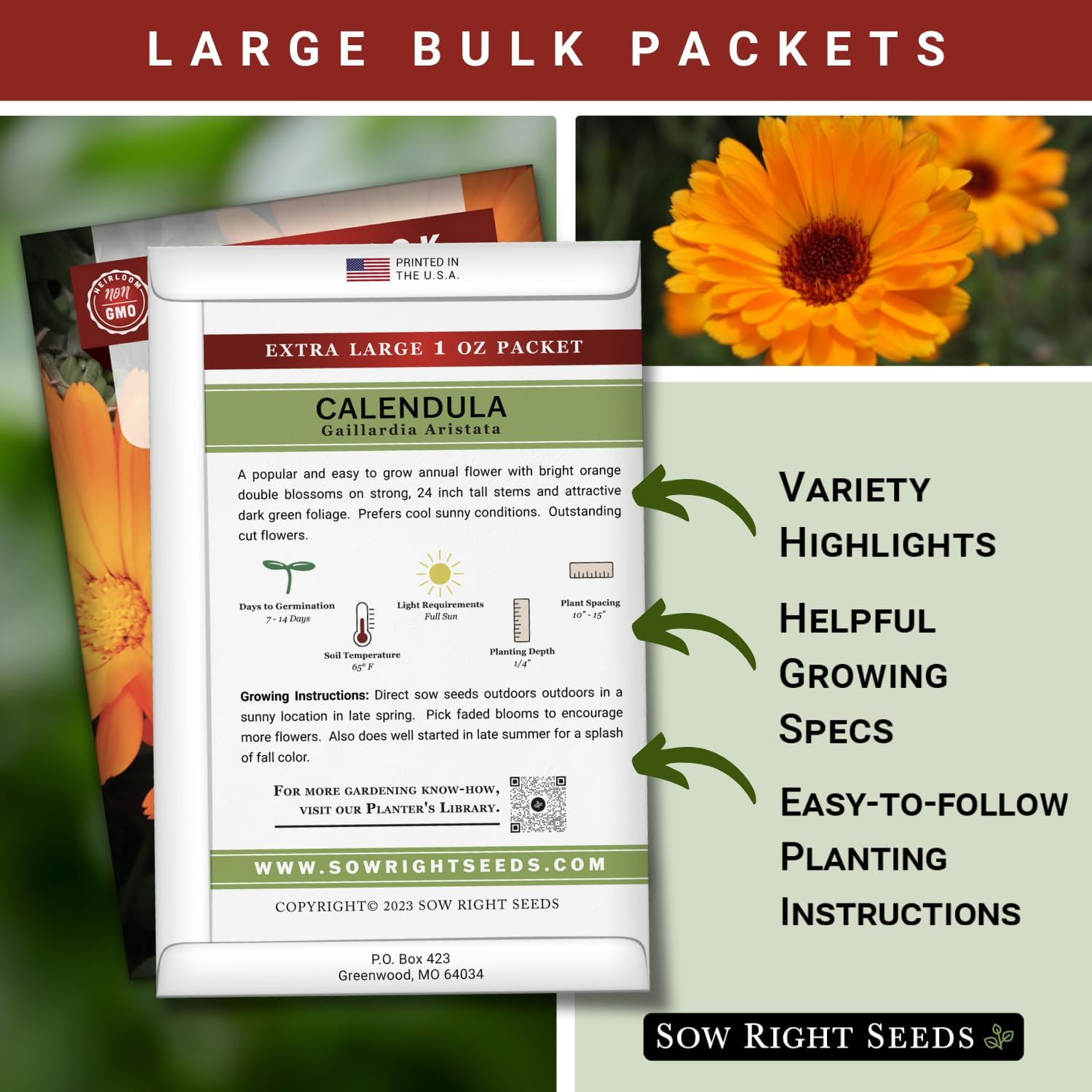 – Bulk Ball’s Orange Calendula Seeds for Planting – 1 Ounce, 2800 Seeds – Non-GM