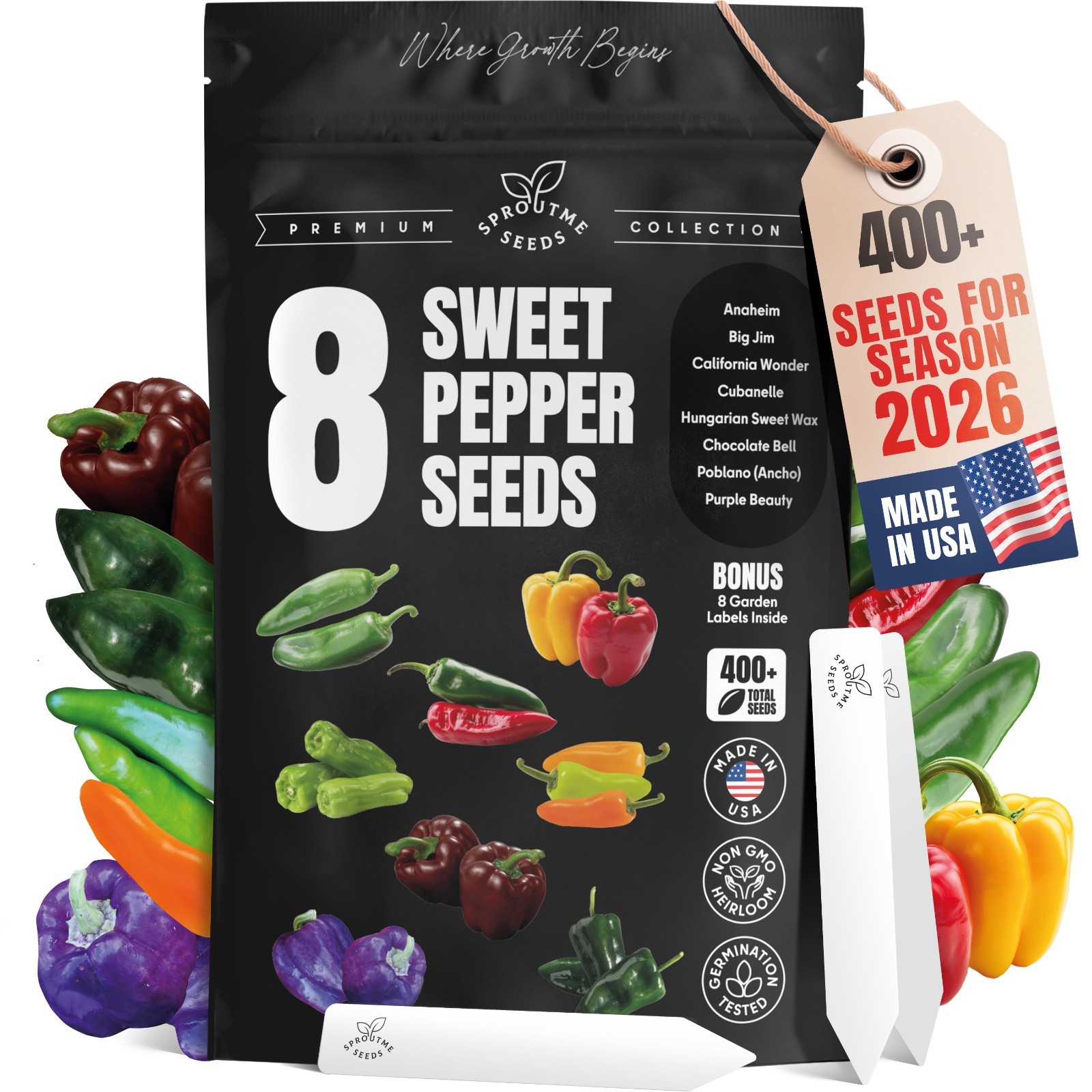 Sweet and Mild Bell Pepper Seeds – 8 Varieties, 400+ Non-GMO Heirloom Seeds