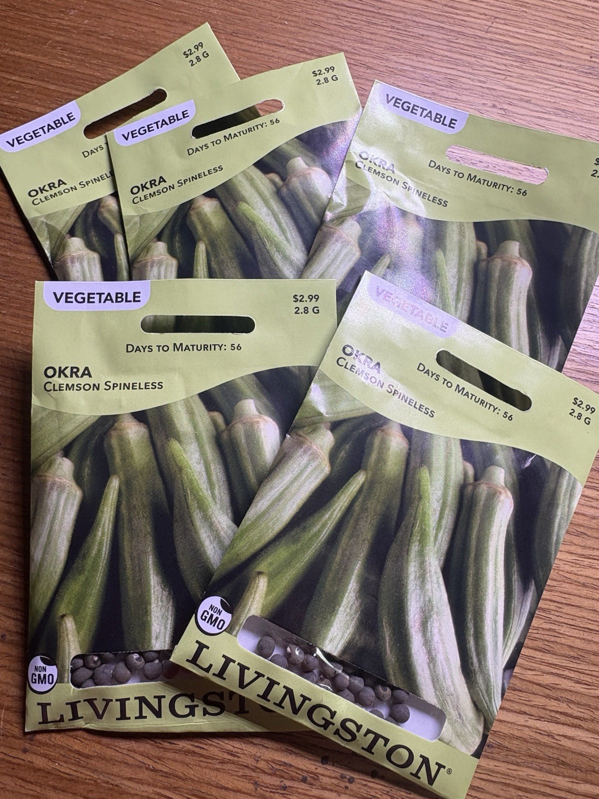 5 PACK BUNDLE. Livingston Seed Company Clemson Spineless Okra Non-GMO Seeds