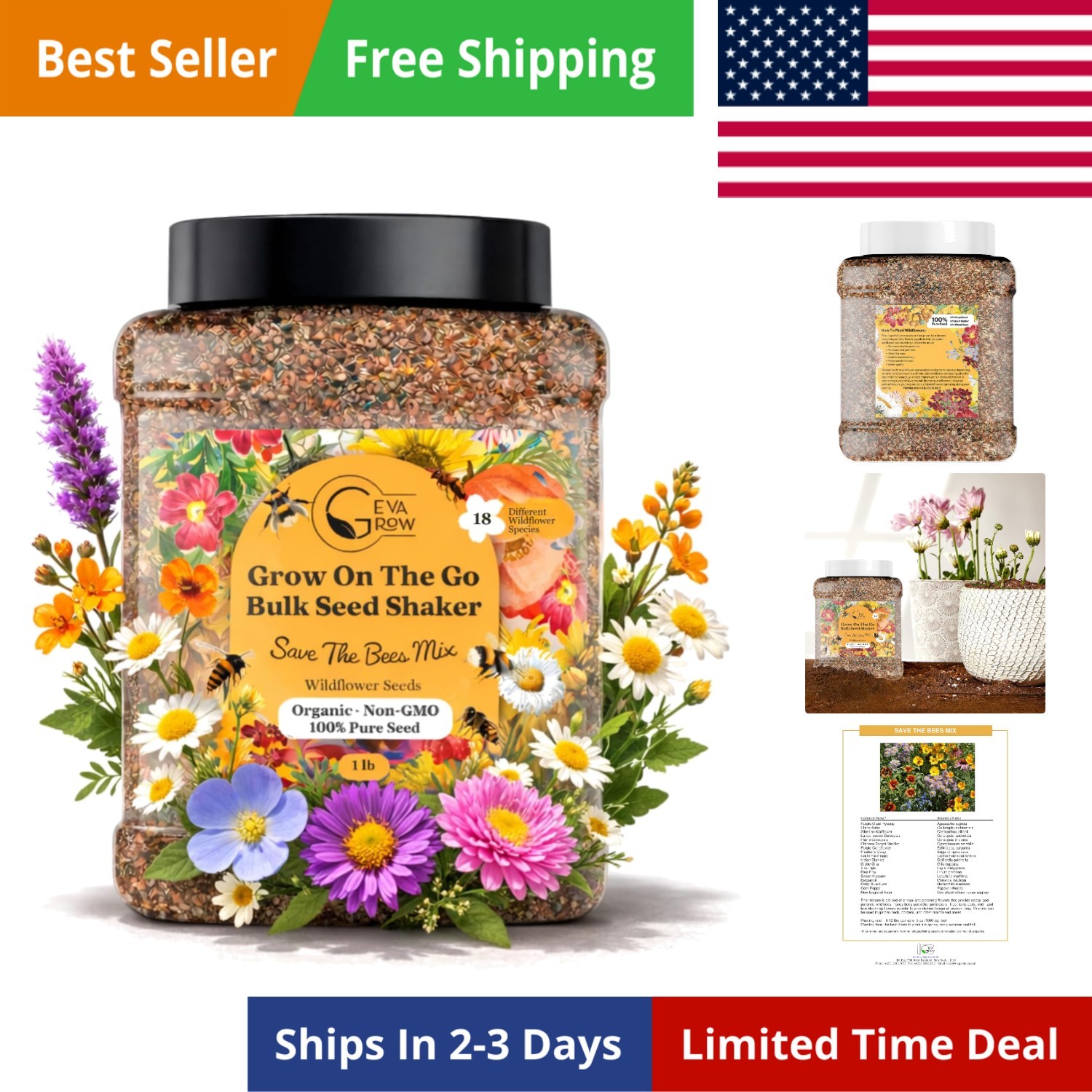 Wildflower Seed Mix 1LB Tub – Save The Bees Seed Mix, by | Bulk 300,000+ Seed…