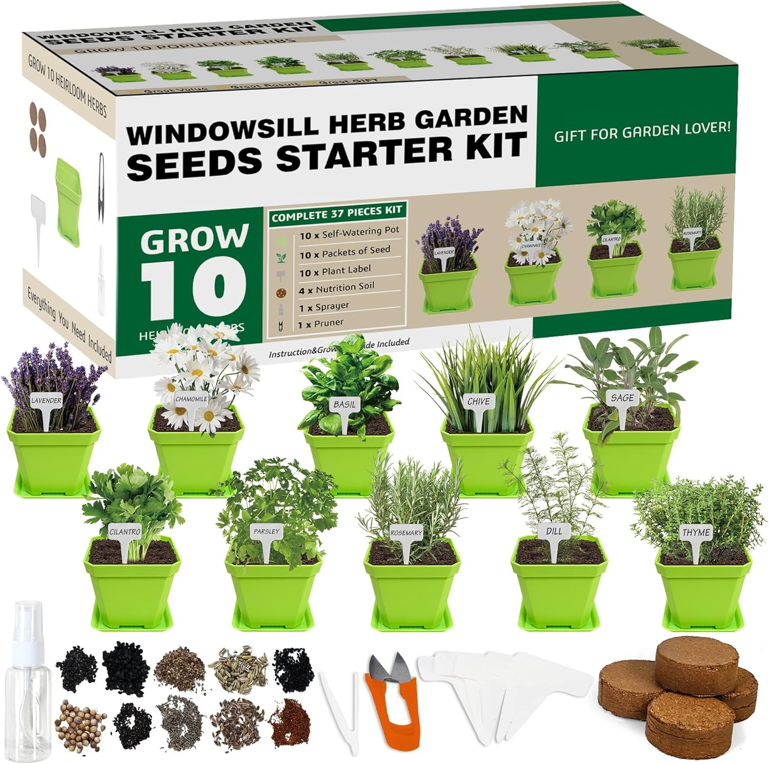 10 Herb Seeds Garden Starter Grow Kit with Green Pots, Markers, Soil Discs, Wate