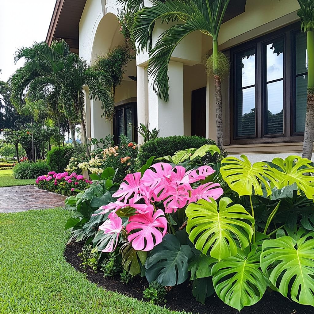 Rare Monstera Seeds Deliciosa, Pink and Green Tropical Leaves, Garden Landsca…