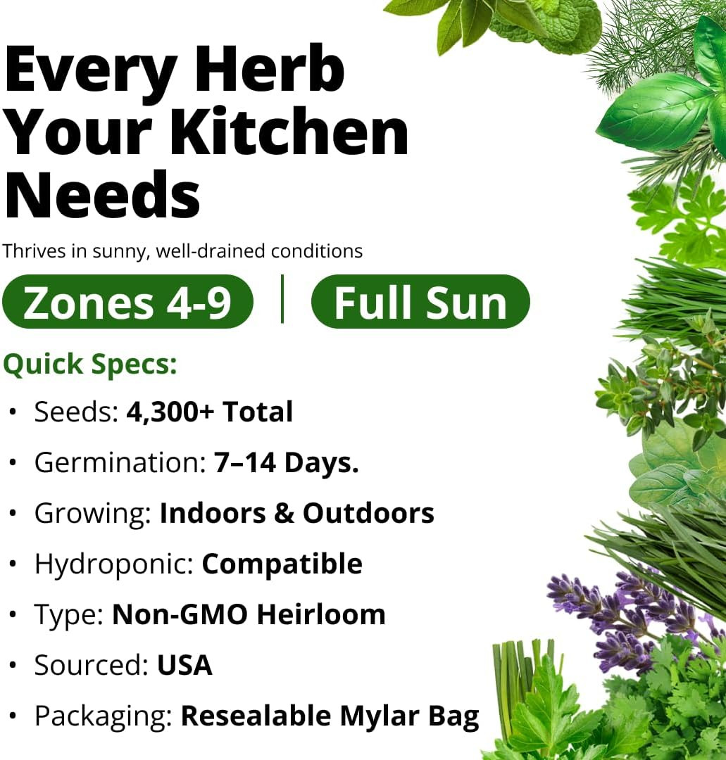 Herb Seeds for Planting 15-Pack Massive Seed Count 4,300+ Seeds Non-Gmo Heirloom