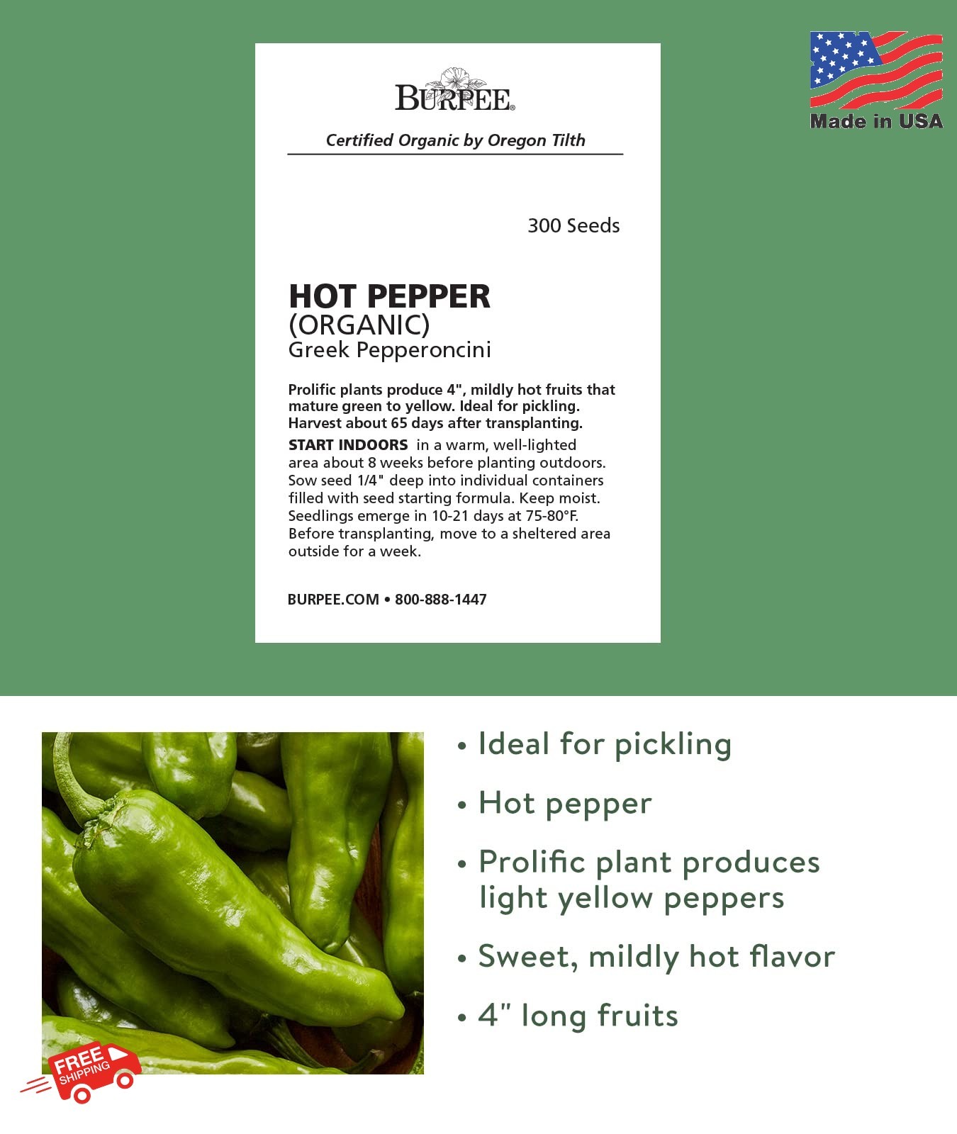 Burpee Organic Pepperoncini Greek Hot Pepper Seeds | 300 Non-GMO for Planting Ho