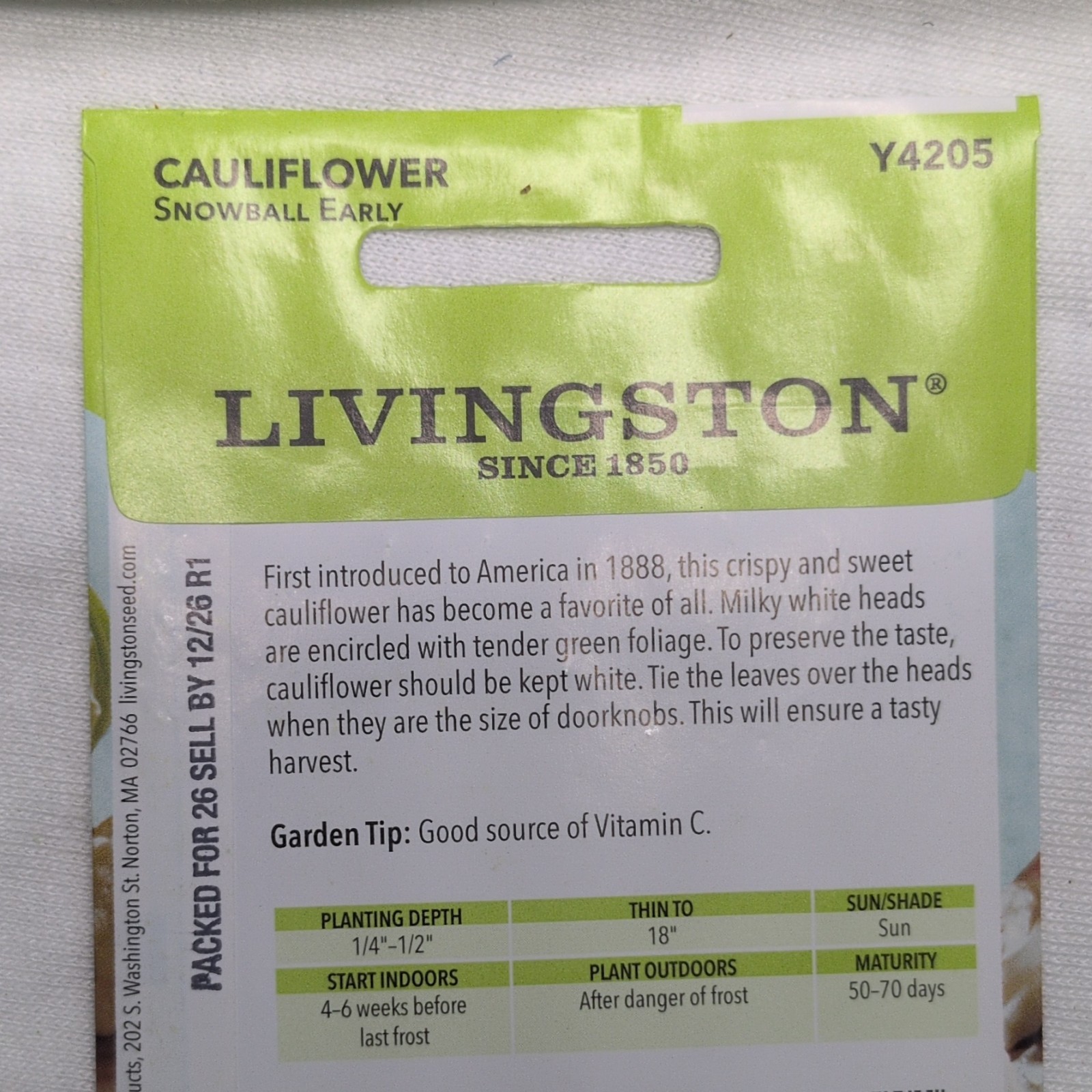 Livingston Cauliflower Snowball Early Vegetable Seeds White/Green Full Sun Y4205