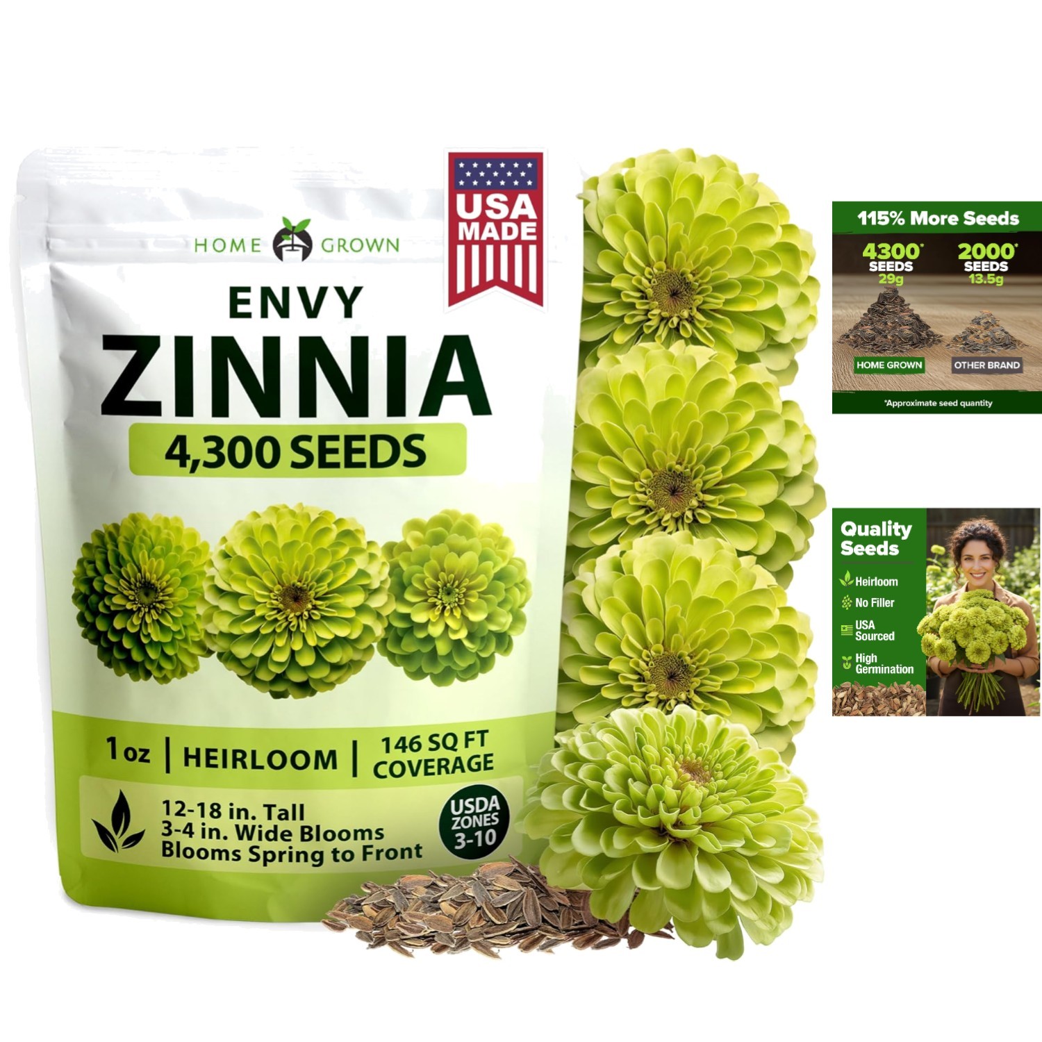 GMO-Free Envy Zinnia Seeds 1g: Attracts Pollinators with Unique Green Flowers