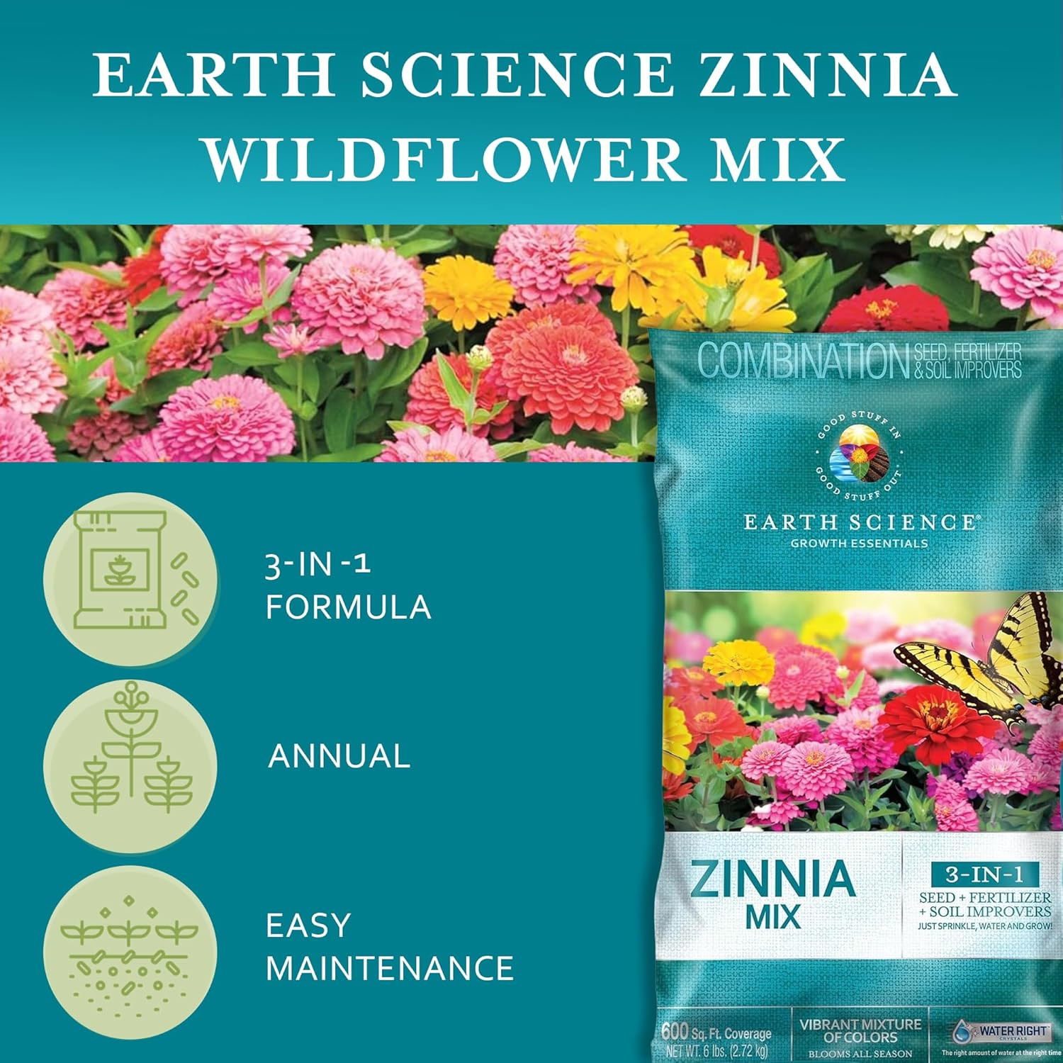 Zinnia Wildflower Mix for 2026—6Lb – 3-In-1 Seeds Plant Food & Soil Conditioner