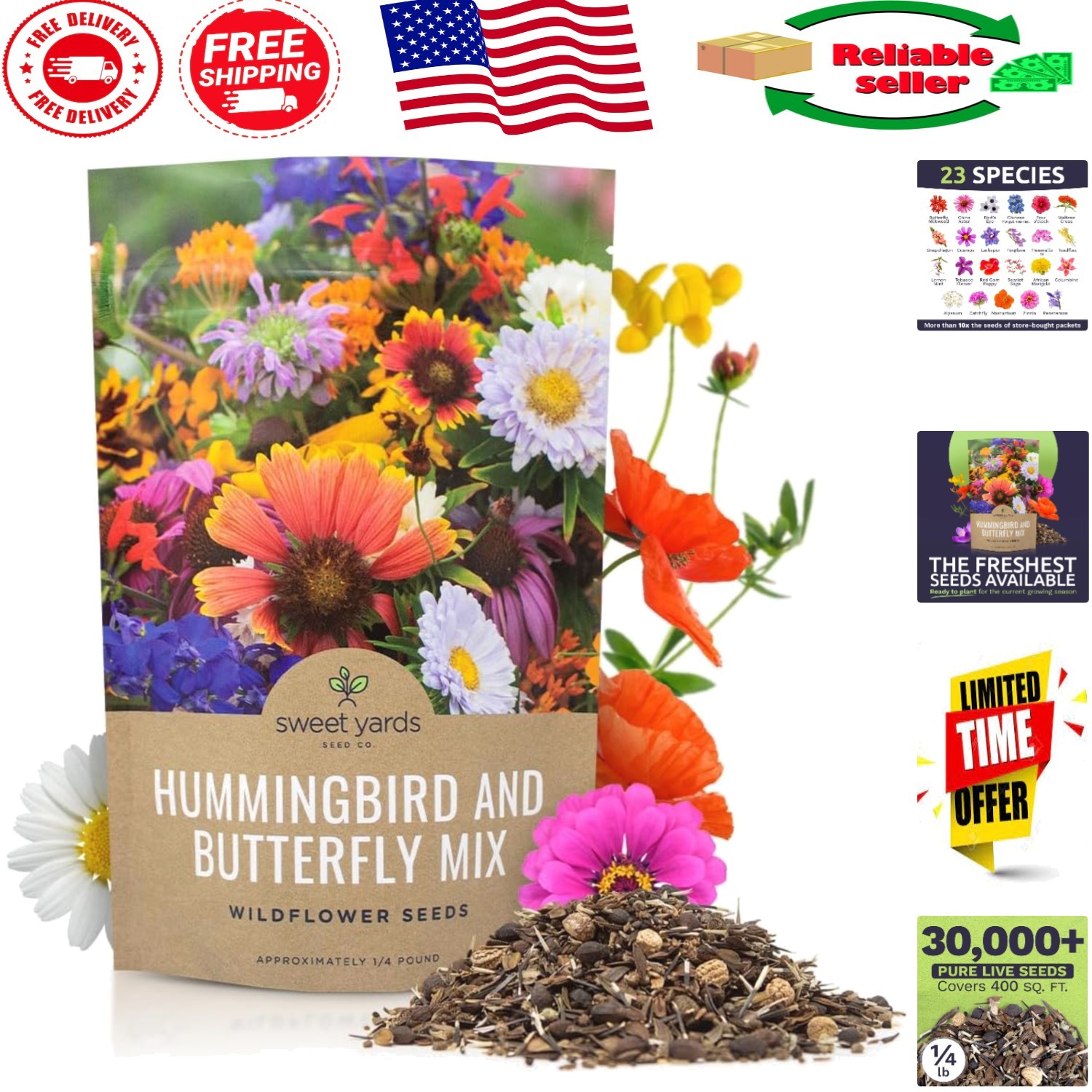 30,000 Open-Pollinated Wildflower Seeds – Butterfly & Hummingbird Garden Mix