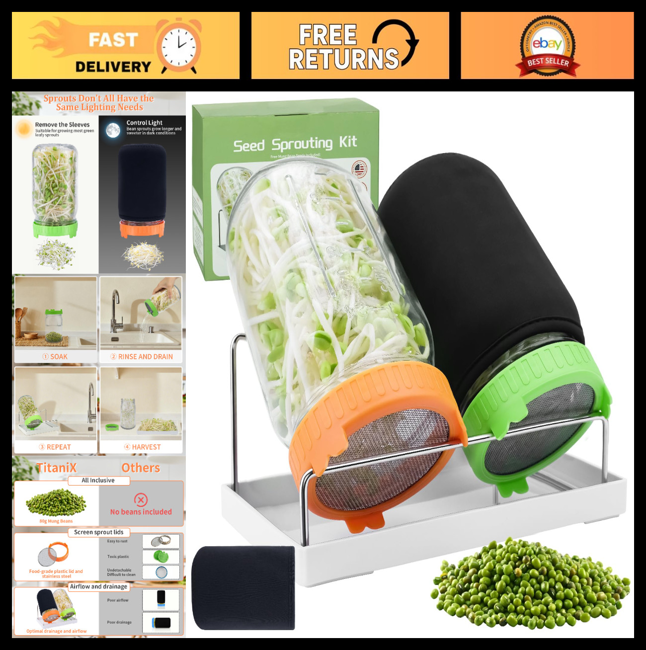 Seed Sprouting Kit – 2 Wide Mouth Jars, Mung Beans, Sprout Lids, Drain Tray, Sta