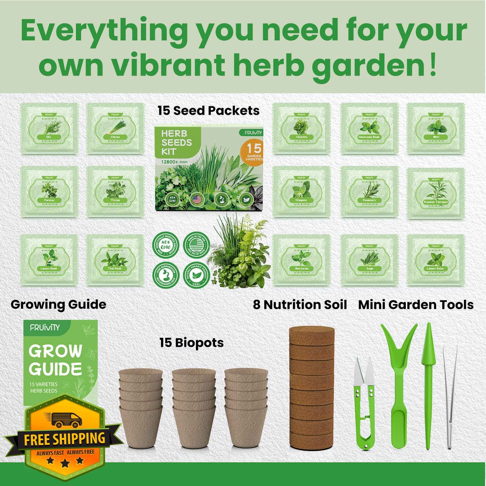 Herb Garden Starter Kit – Fruivity 12800+ 15 in 1 Herb Heirloom Seed Kits for…