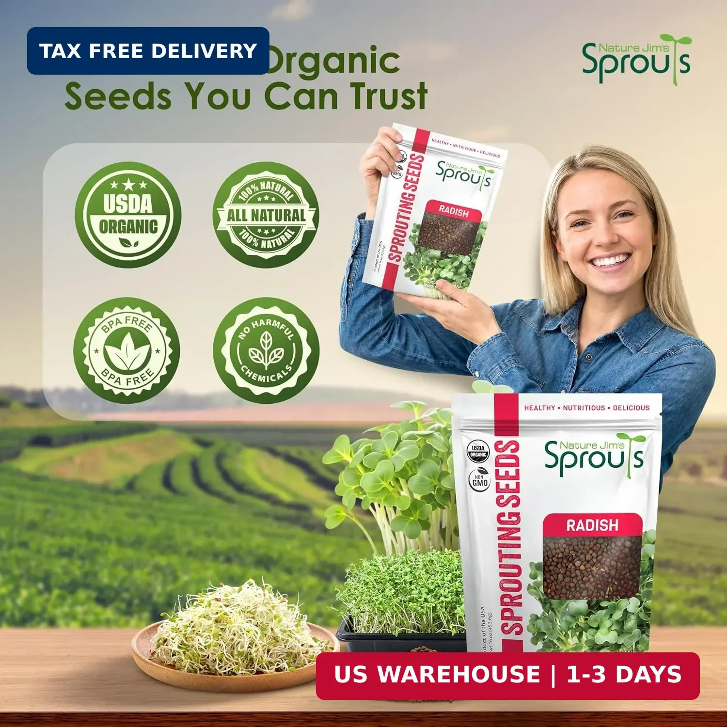 Nature Jims Organic Radish Sprout Seeds – 16 Ounce Premium Non-GMO Radish Seeds