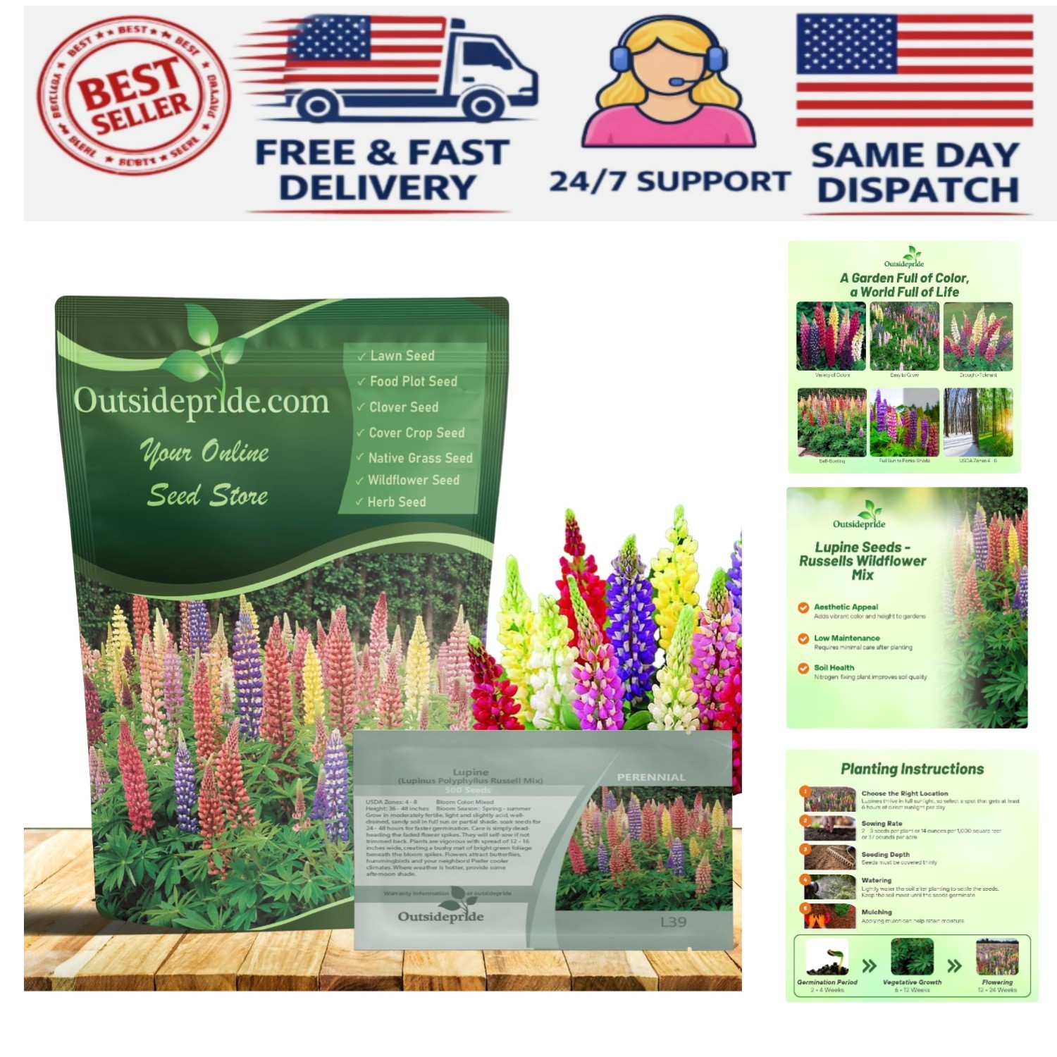 Mixed Russell Lupine Seeds – 1/4 Lb. Perennial & Pollinator-Friendly Wildflower